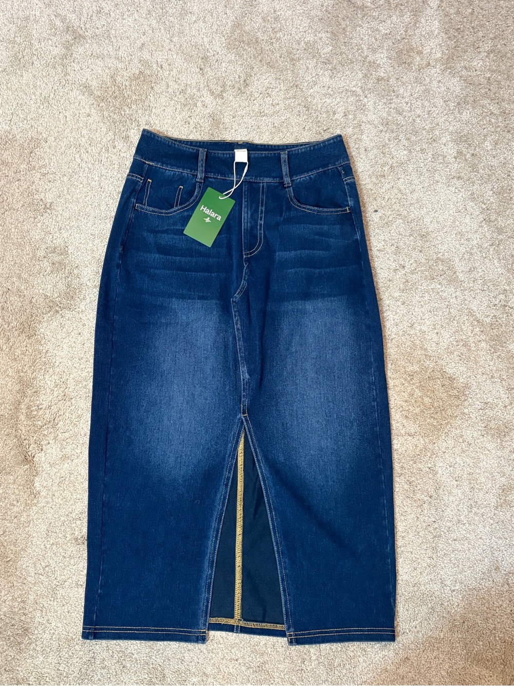 NWT HALARA Dark Blue Denim Midi Skirt with Front Slit